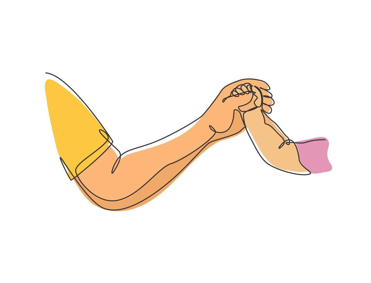 One line drawing of father giving hand to his child. Mother care in continuous line drawing design style. Parental concept vector illustration