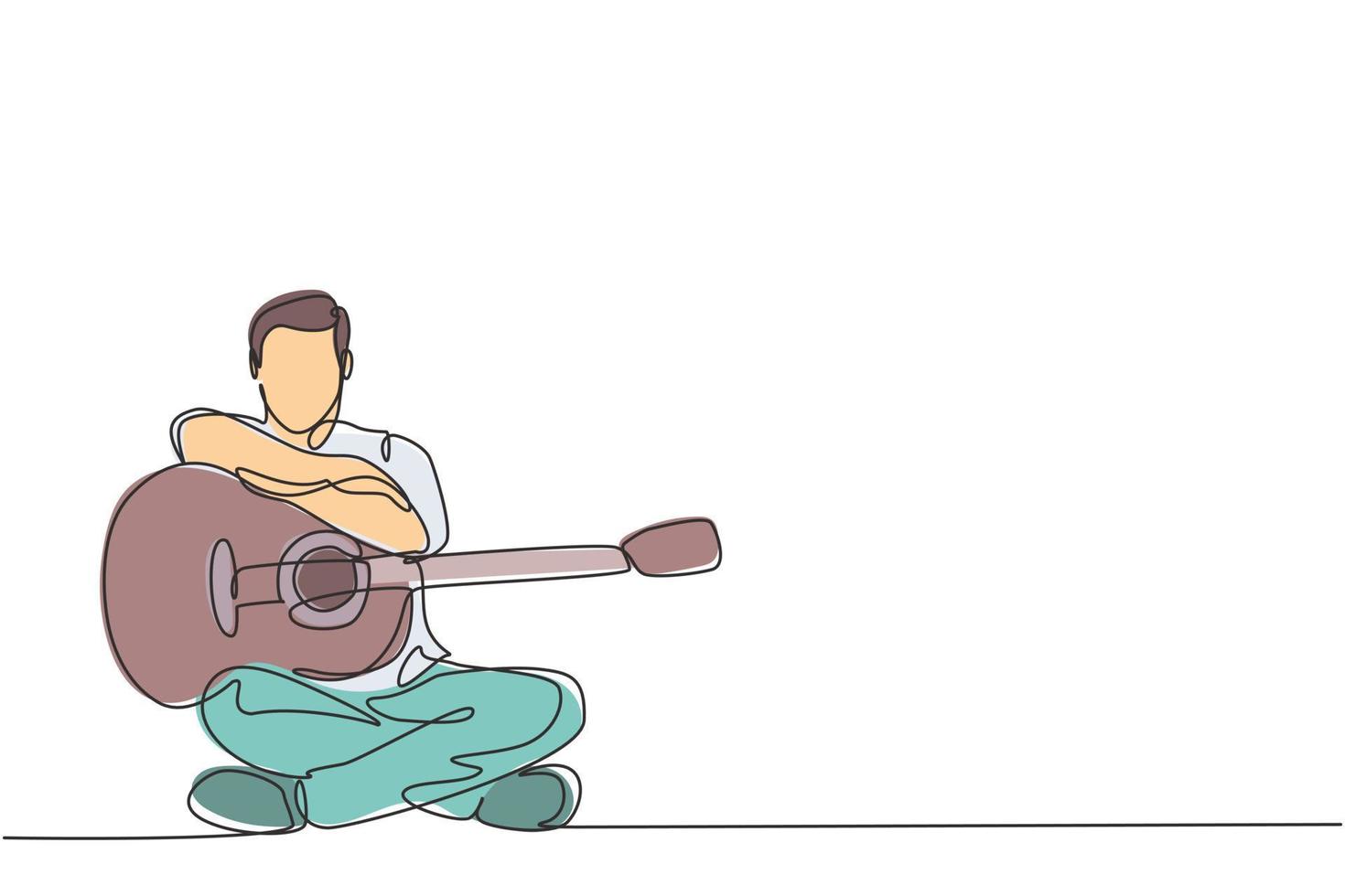 One continuous line drawing of young happy male guitarist posing after playing acoustic guitar. Dynamic musician artist performance concept single line graphic draw design vector illustration