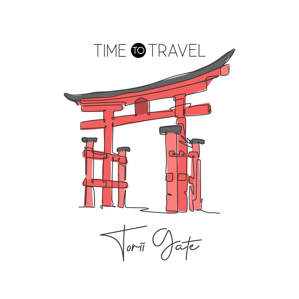 One single line drawing Torii Gate landmark. World famous iconic marks in Japan culture. Tourism travel postcard wall decor poster print concept. Modern continuous line draw design vector illustration
