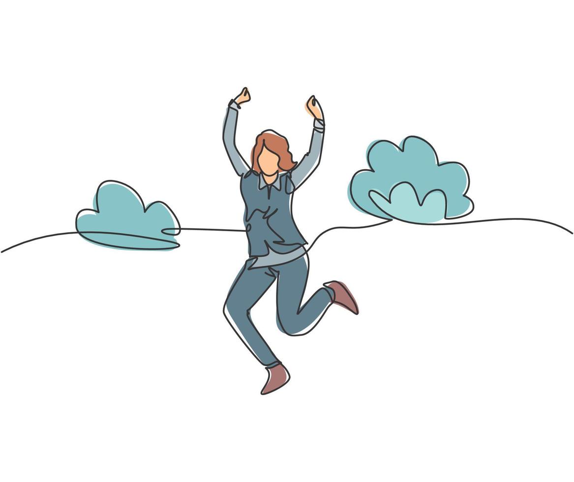 Single line drawing of young happy business woman jumping and raise hands into the air celebrate a success. Business celebration concept. Continuous line draw graphic design vector illustration
