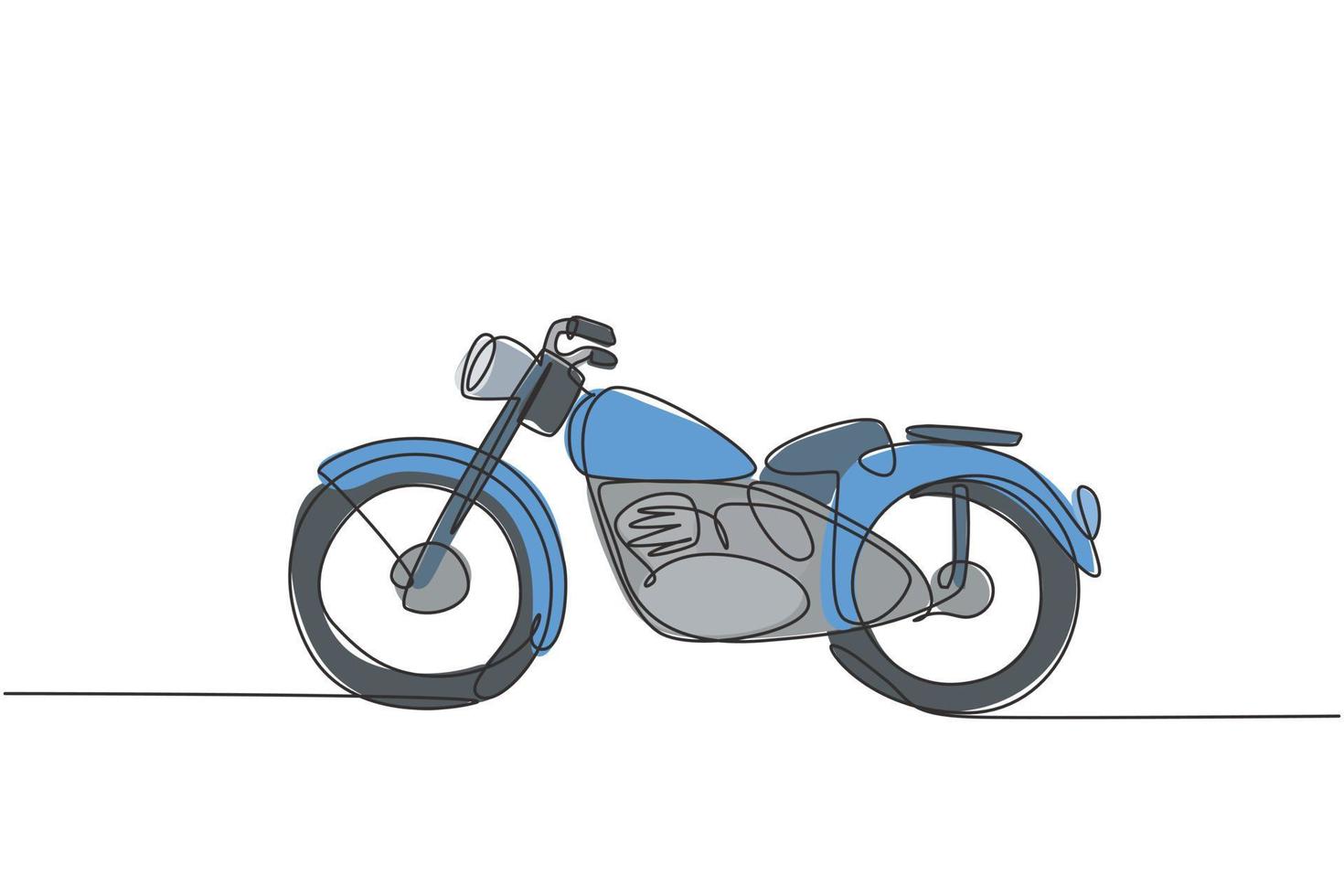 One single line drawing of old retro vintage motorcycle. Vintage motorbike transportation concept continuous line draw design graphic vector illustration