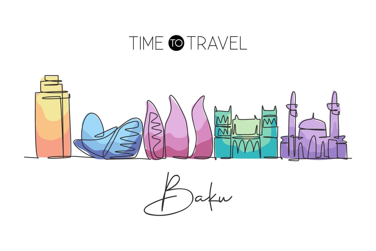 One continuous line drawing of Baku city skyline, Azerbaijan. Beautiful landmark. World landscape tourism travel vacation poster. Editable stylish stroke single line draw design vector illustration