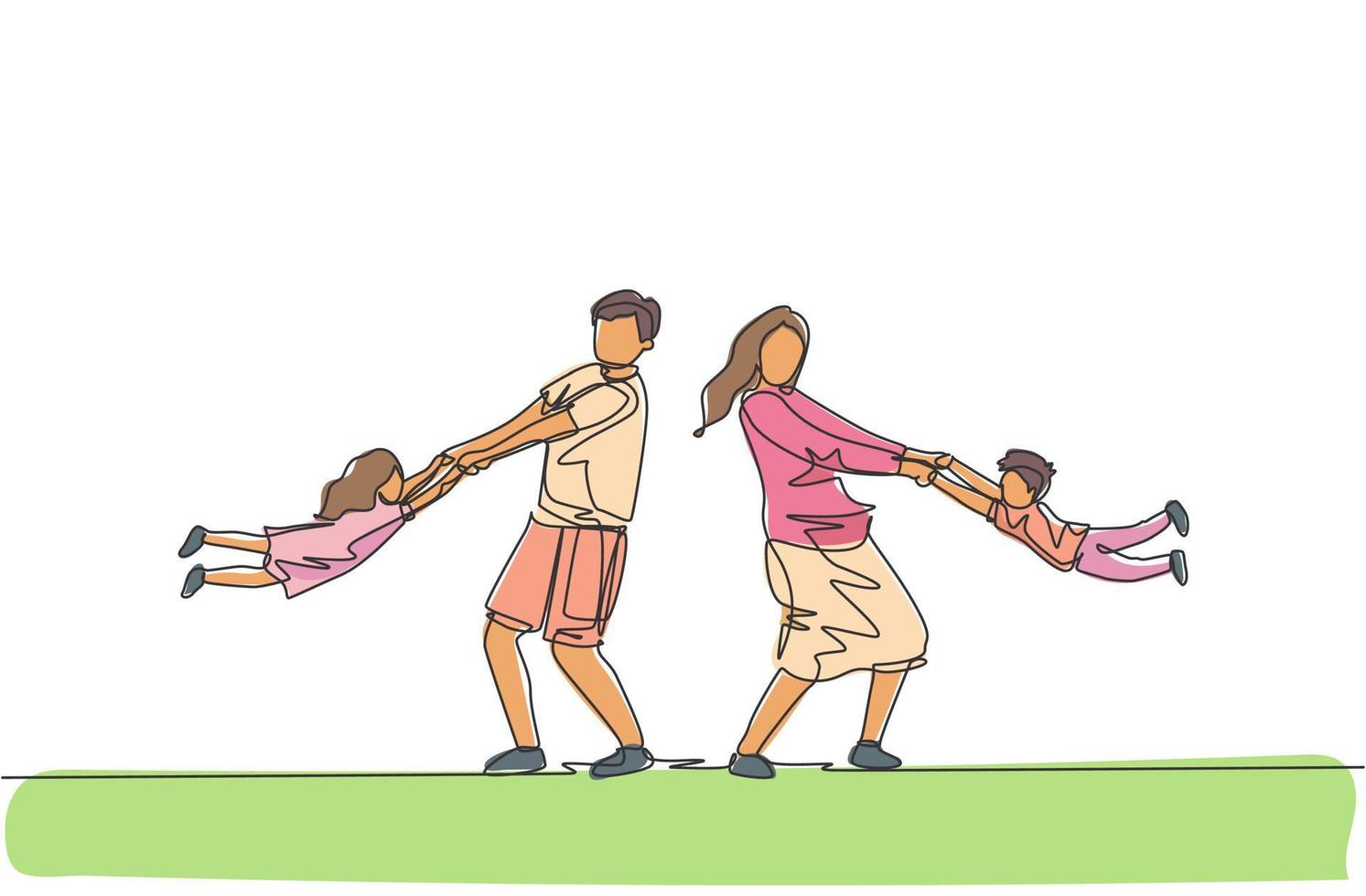 Single continuous line drawing of young mother and father playing together with daughter and son swinging into the air at home. Happy family parenting concept. One line draw design vector illustration