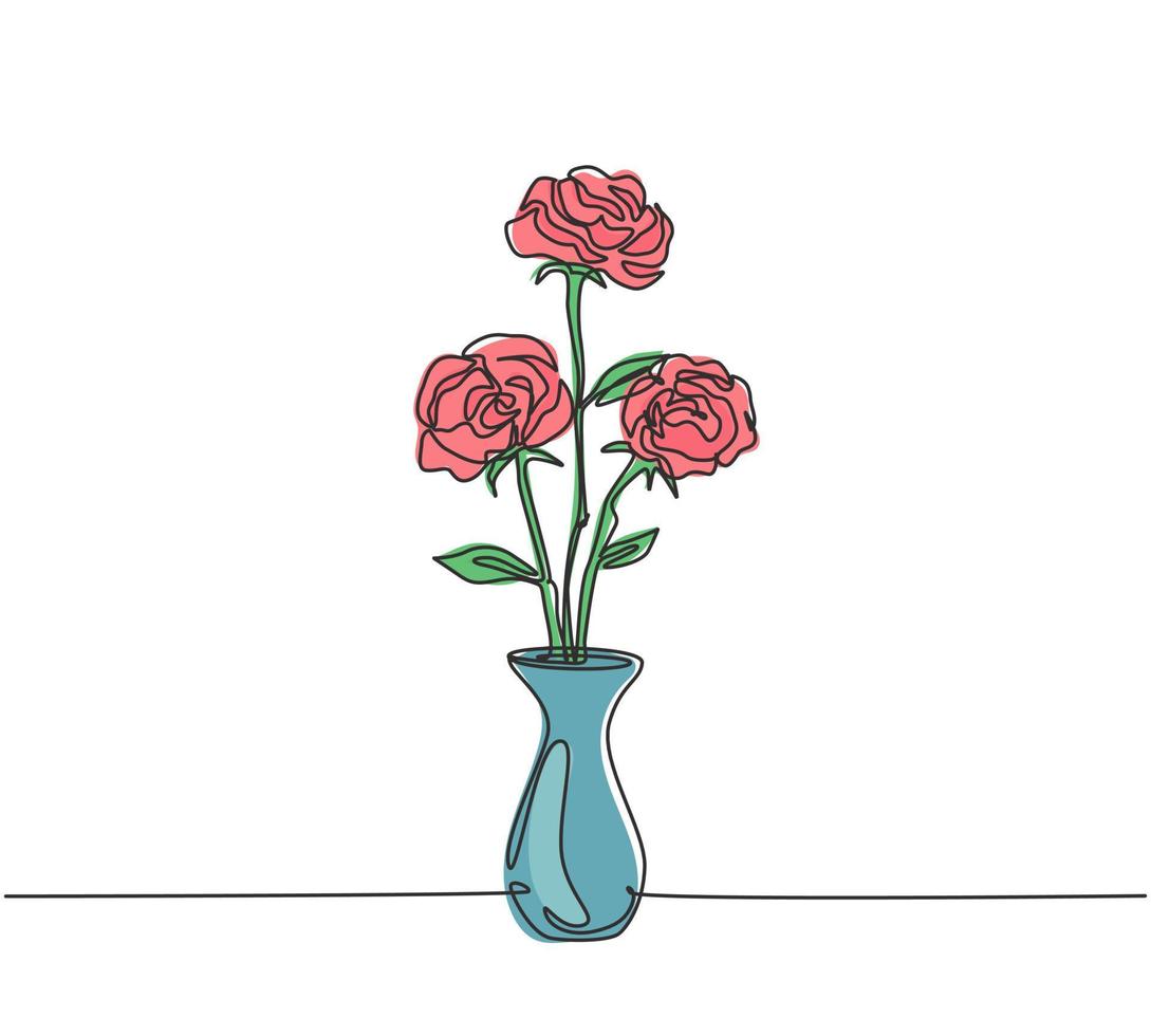 un dibujo de línea continua de una hermosa flor rosa fresca en un jarrón de porcelana. tarjeta de felicitación moderna, invitación, logotipo, pancarta, concepto de póster, dibujo de una sola línea, diseño gráfico, ilustración vectorial vector