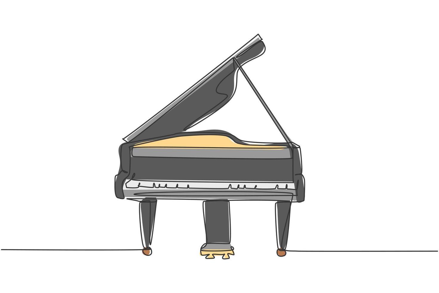 One continuous line drawing of luxury analog grand piano. Trendy classical music instruments concept single line draw design graphic vector illustration