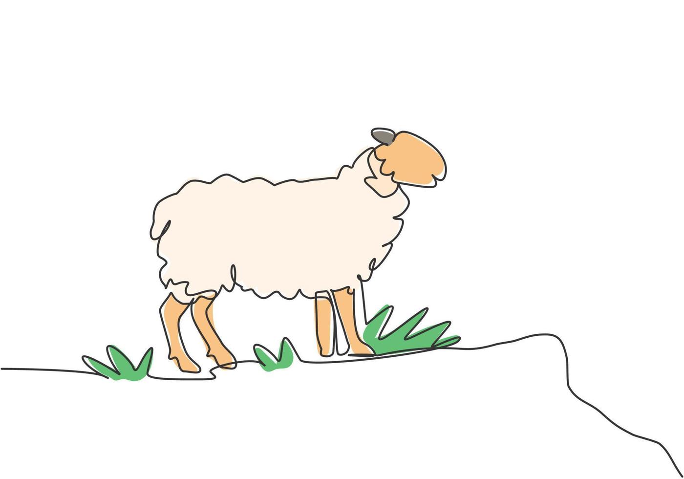 Single continuous line drawing of the sheep were standing on the edge of the meadow looking for food. Successful farming minimalism concept. Dynamic one line draw graphic design vector illustration.