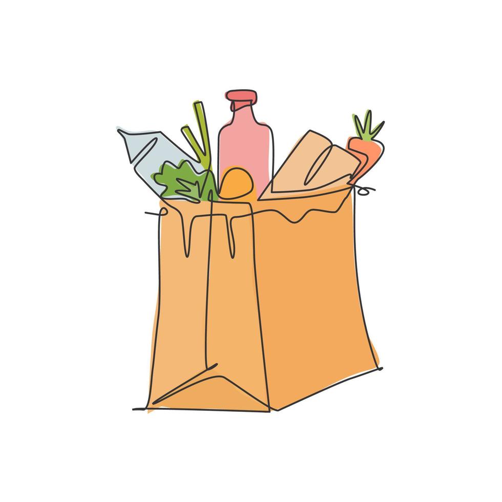 One single line drawing of fresh paper grocery bag contain milk, carrot, milk, bread inside vector illustration graphic. Staple food concept. Modern continuous line draw grocery store design