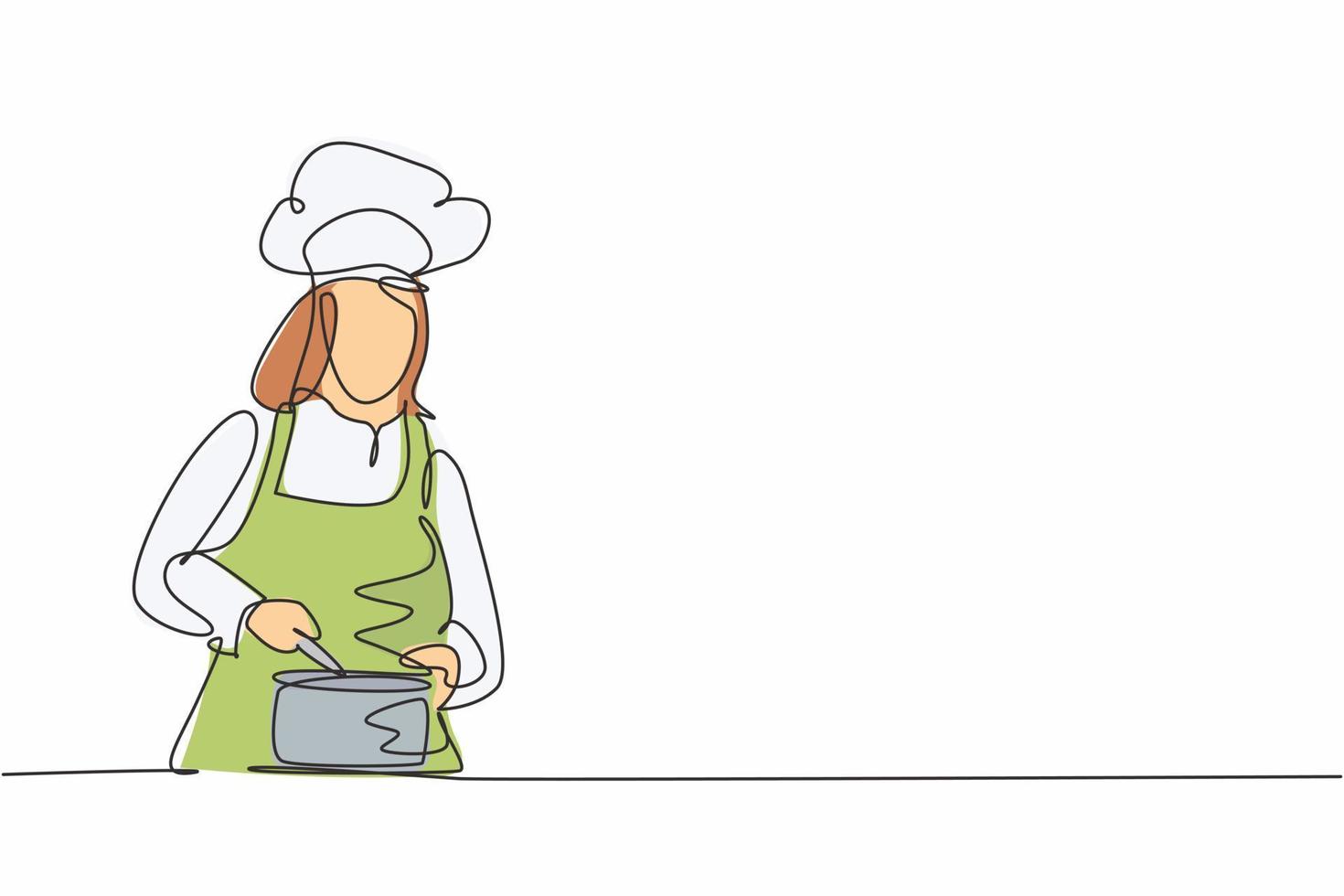 dibujo de una sola línea de la joven cocinera de belleza revolviendo la sopa en la sartén para mezclar los condimentos. comida vegana orgánica saludable plantilla moderna una línea dibujado a mano ilustración vectorial estilo minimalista vector