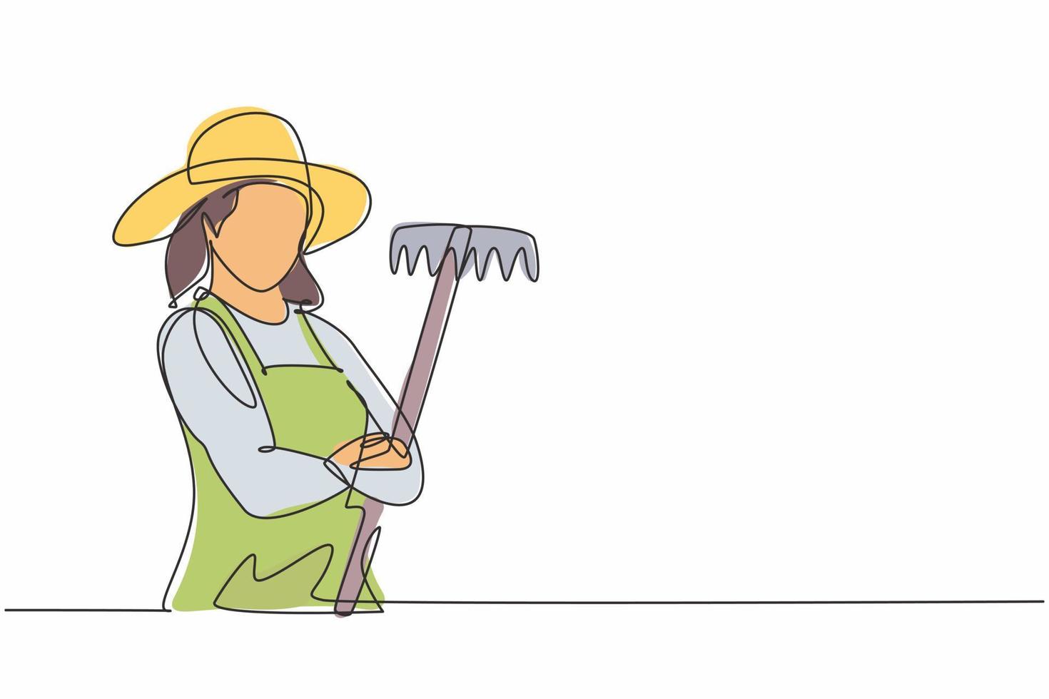 Single one line drawing of young female farmer pose cross arm while holding fork. Professional work profession and occupation minimal concept. Continuous line draw design graphic vector illustration