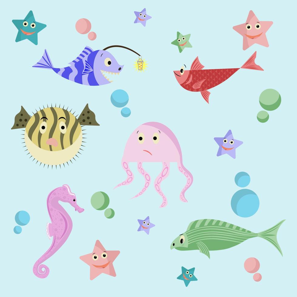 Set of icons with cute sea animals and fish. Vector illustration.