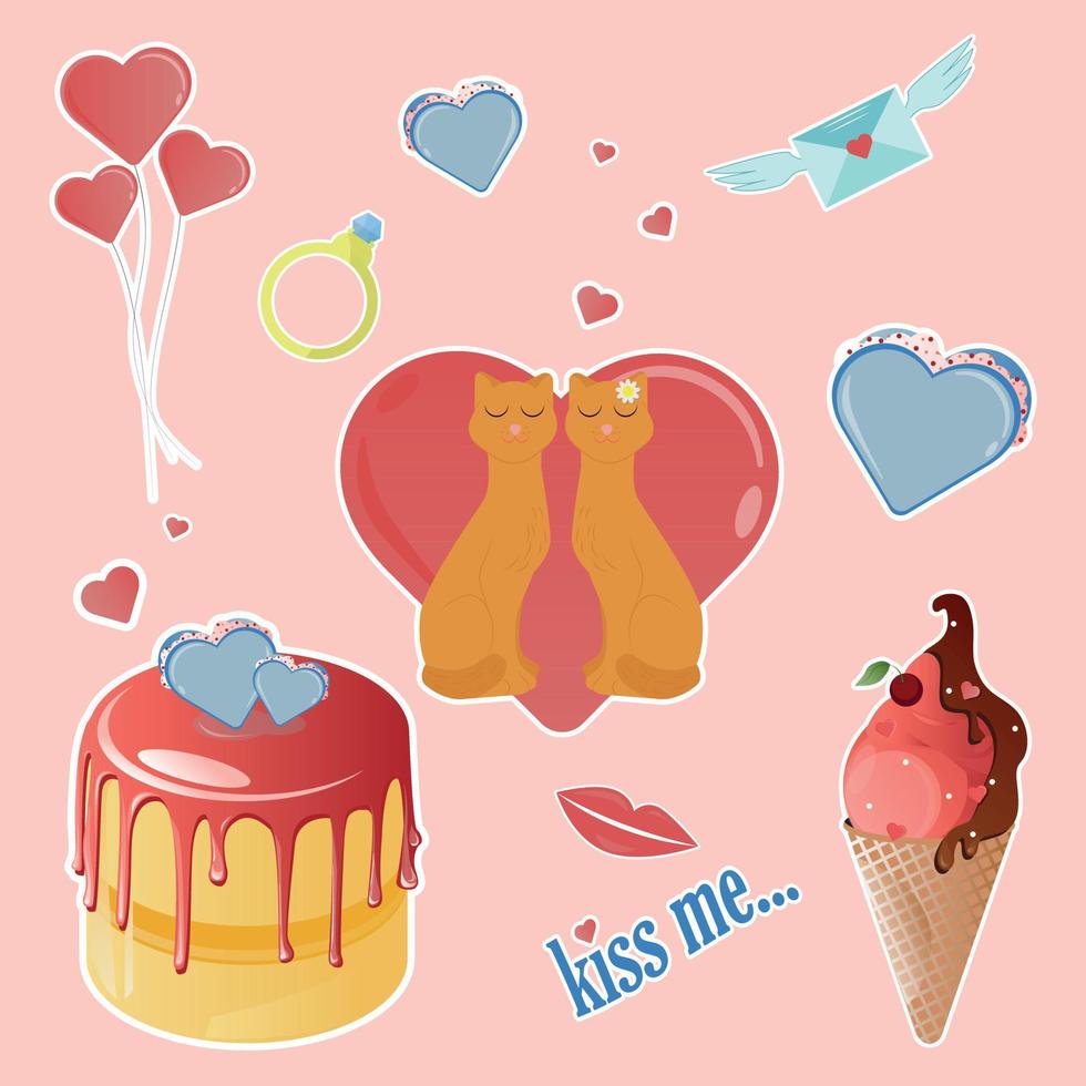 Set of stickers for Valentine's Day. Balloons, hearts, lips, cake, ice cream. Beautiful and cute stickers on a pink background of love. vector