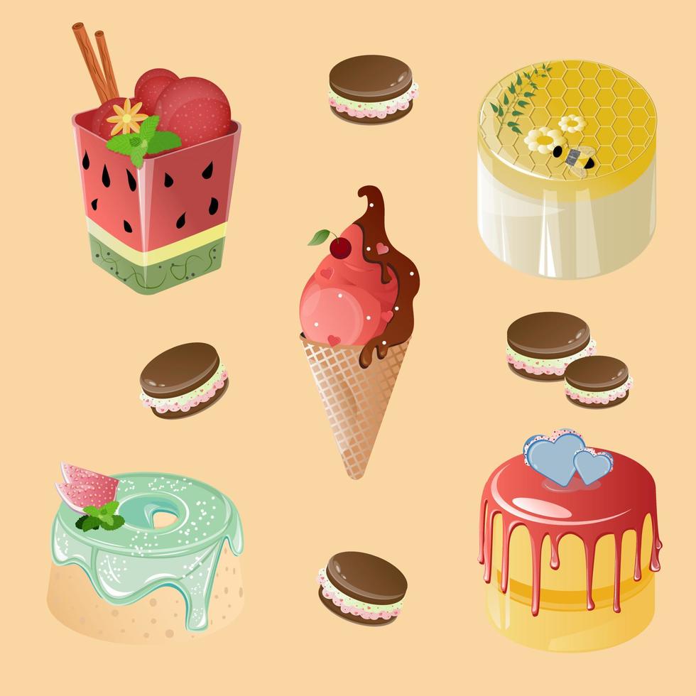 Sweet desserts. Cake, pie, ice cream, brownie. Pastry vector illustration. Sweet treats for lovers.