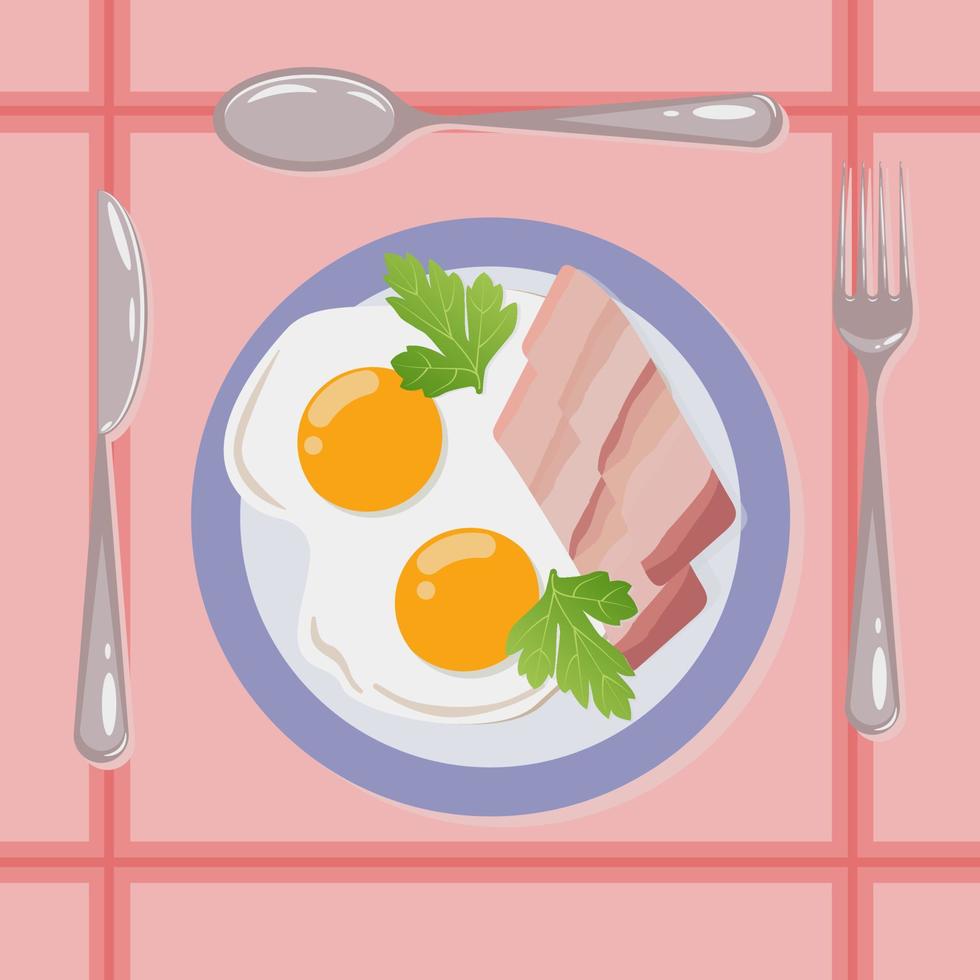 Bacon and scrambled eggs for breakfast. Cutlery, breakfast table setting. Eggs, bacon, herbs. Healthy food for breakfast. Vector graphics, view from above.