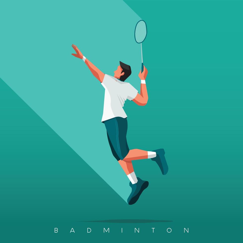 plano diseño ilustración - un hombre haciendo un aplastar saltar en bádminton deporte. vector