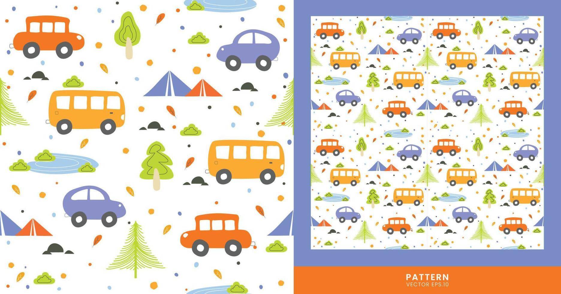 Vector Designs with Camping Holiday Themes, and Cute Vehicles, Perfect for Designing Clothes, Wallpapers, Posters, and other Design Needs. Pattern for a Boy Theme.