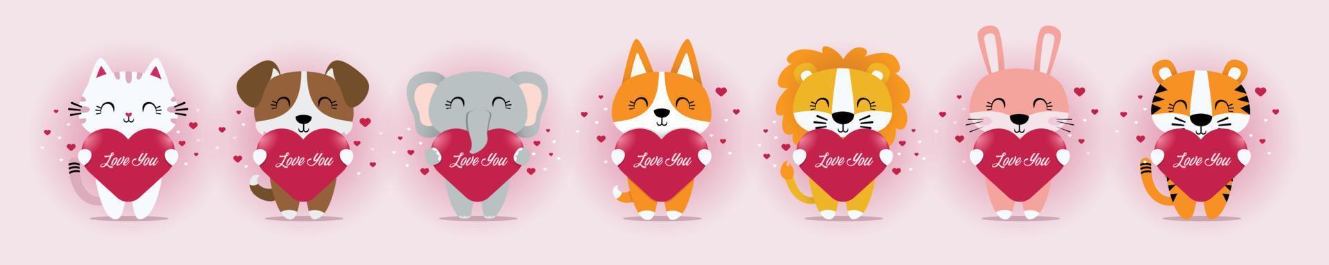 A Collection of Cute Animal Pictures with the Theme of Animal Love with Animal Movements Hugging a Heart Symbol That Says I Love You on Valentine's Day for Animals. vector