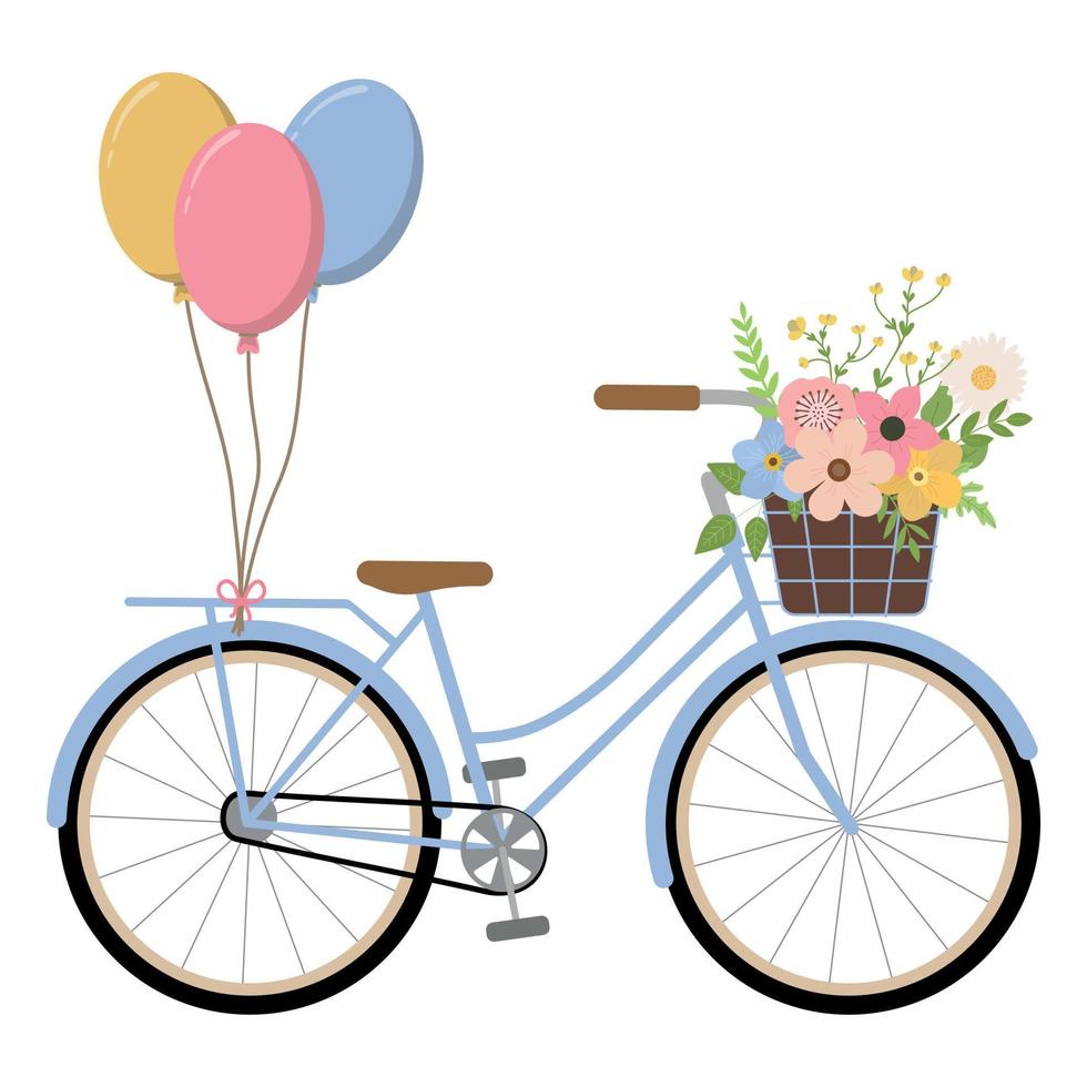 Hand drawn cute blue bike with flowers in basket and balloons. Isolated on white background. Vector illustration. Vintage bicycle with colorful flowers in a basket.