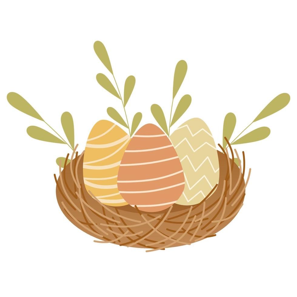 Easter nest with colourful eggs in the style of a childrens illustration on a white background and isolated. Brown nest, green leaves and eggs. Suitable for cards, designs, stickers, invitations. vector