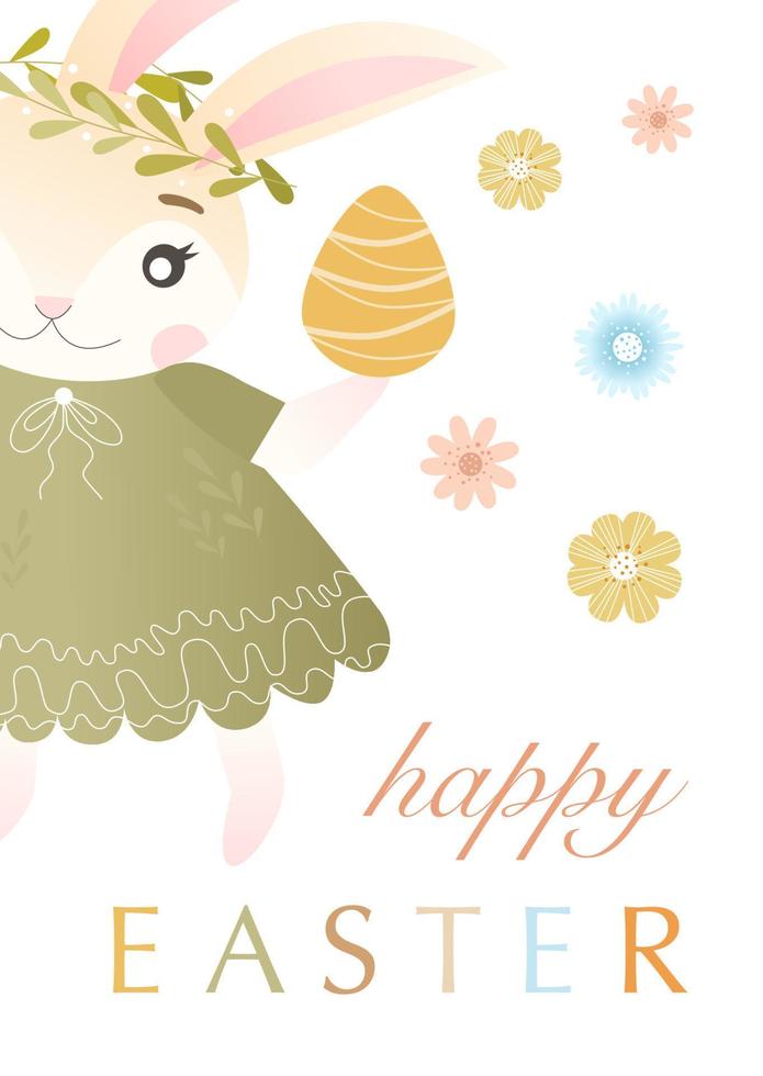 Easter postcard with cute rabbit character, eggs, spring flowers and typographic design. Good for Spring and Easter greeting cards, postcard, children's design and invitations. Vector illustration.