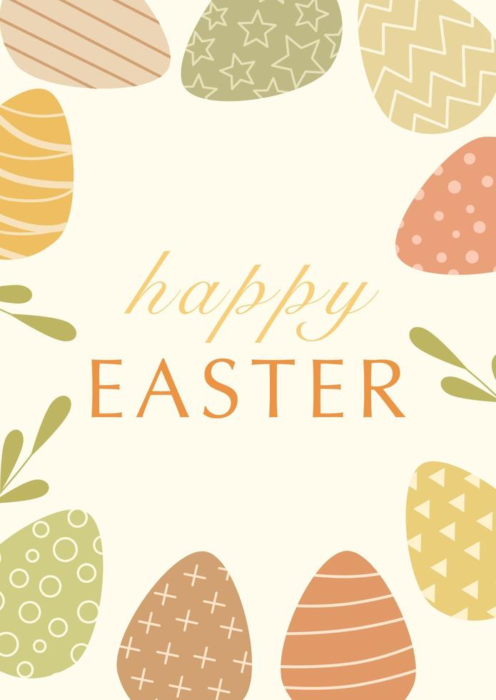 Happy Easter templates with colored eggs, green flowering leaves and typographic design. Good for Spring and Easter greeting cards, postcard, children's design and invitations. Vector illustration.