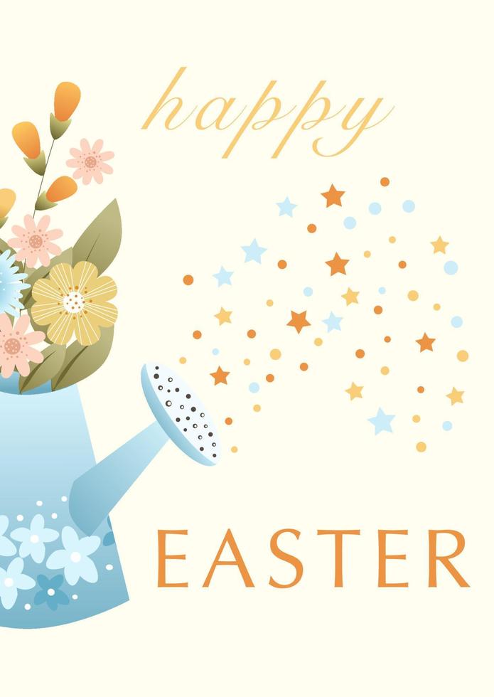 Cute Happy Easter card templates with spring flowers, floral pot, star glitter and typographic design. Good for Spring and Easter greeting cards and invitations. Vector illustration.