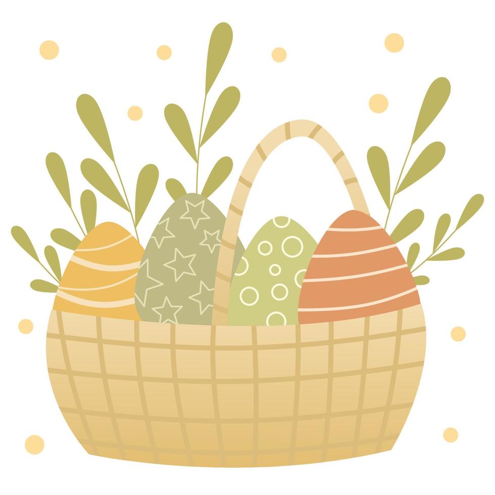 Easter basket isolated vector illustration on white background. Easter basket with colorful eggs and green leaves. Illustration suitable for cards, invitations, children book.