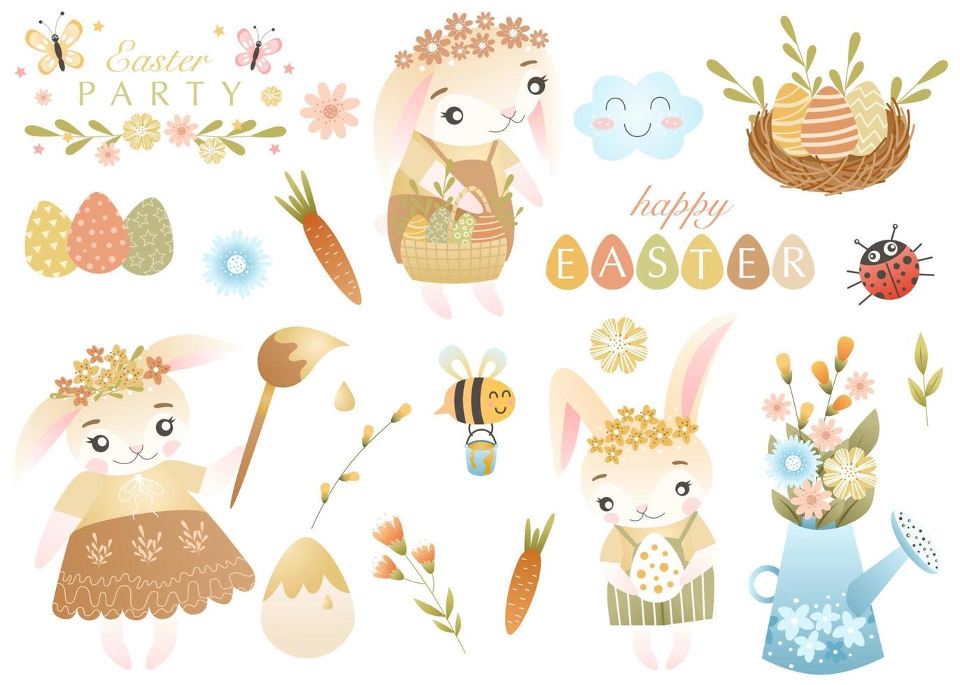 Easter set of illustrations in a cute style and delicate colors. Easter bunnies, colored eggs, quotes, spring bouquet, carrot, honey bee. Suitable for children's, designs, stickers and printing. vector