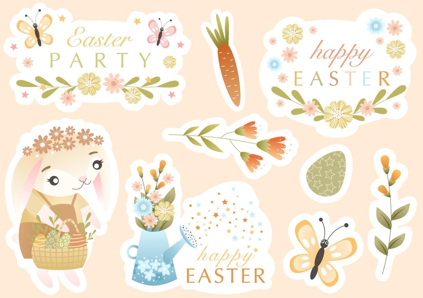 Easter sticker kit with cute bunny, spring flowers, colored eggs, congratulatory quotes. Vector illustration in children's style. Cute sticker set and design elements. Perfect for scrapbooking, card