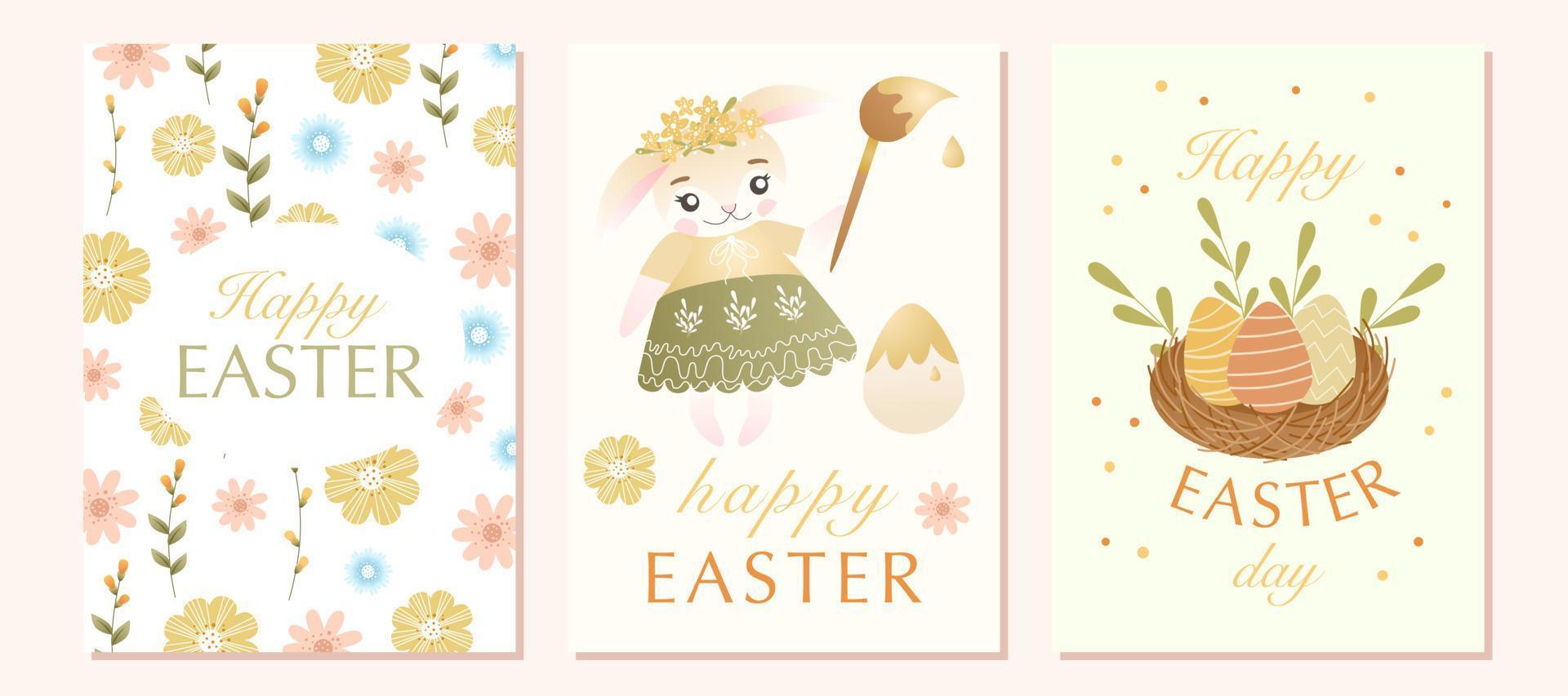 Easter greeting card set with cute bunny character, colored egg, spring flowers, green leaves. Good for Spring and Easter greeting cards, posters, children's design and banners. Vector illustration.