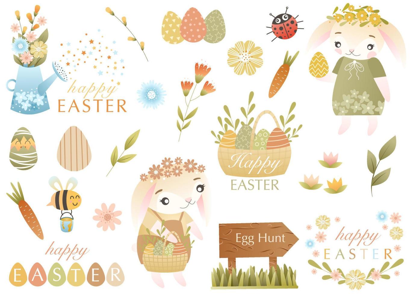 Set of cute easter cartoon characters and design elements. Easter bunny, colored eggs, lettering, spring flower, carrot, bee. Vector illustration. Perfect for scrapbooking, sticker, greeting cards.