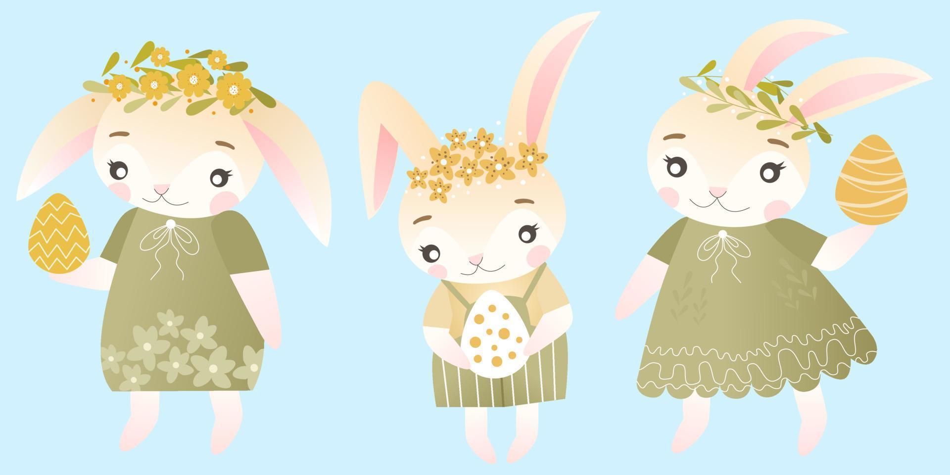 Easter bunnies characters set. Vector illustration of cute bunnies in different poses, green dresses and wreaths of spring flowers. Good for Spring and Easter greeting cards, product for children