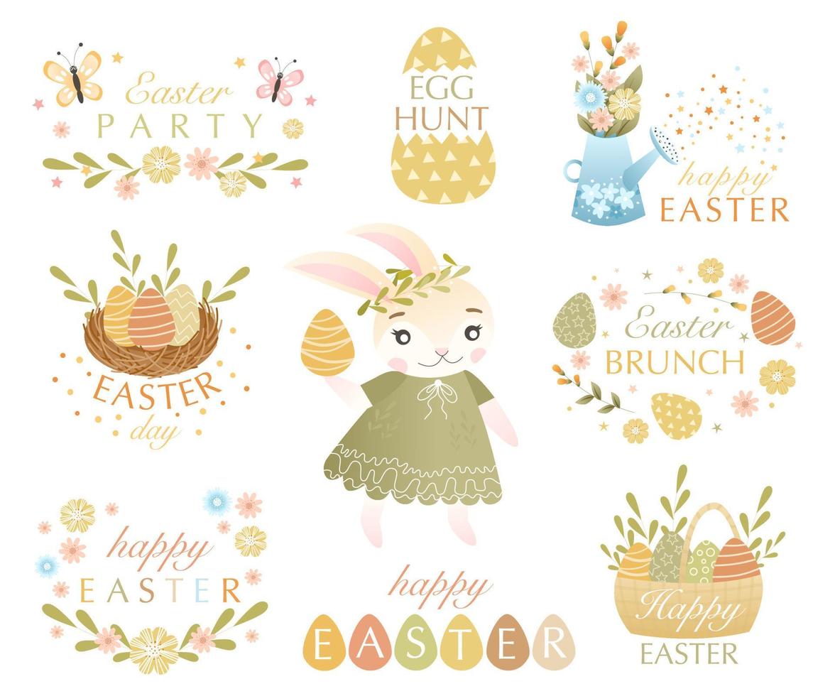 Easter set of phrases and quotes with cute bunnies in children's style. Suitable for scrapbooking, greeting card, party invitation, poster, tag, sticker set. Vector illustration isolated on white.