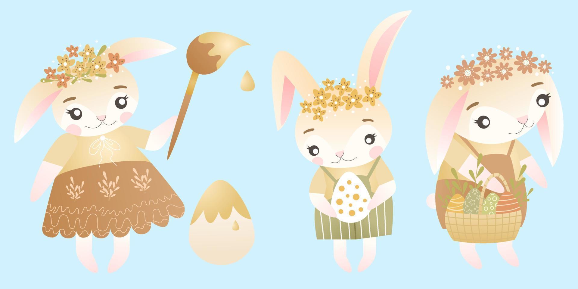 Easter bunnies characters set. Vector illustration of cute bunnies in different poses, dresses and wreaths of spring flowers. Good for Spring and Easter greeting cards, product for children
