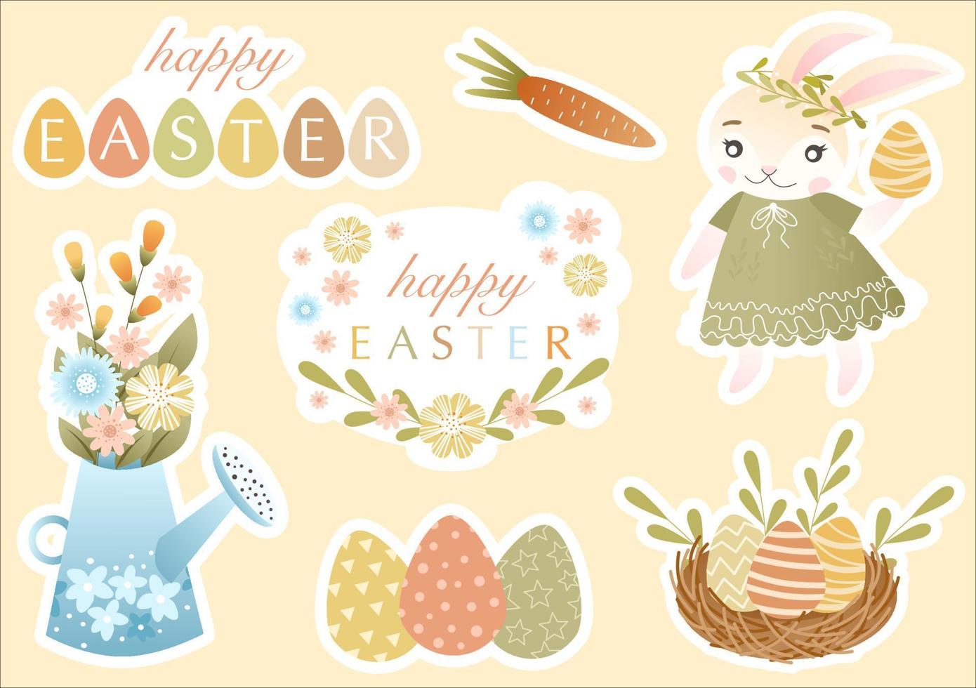 Easter sticker kit with cute bunny, spring flowers, colored eggs, congratulatory quotes. Vector illustration in children's style perfect for scrapbooking, card. Cute sticker set and design elements.