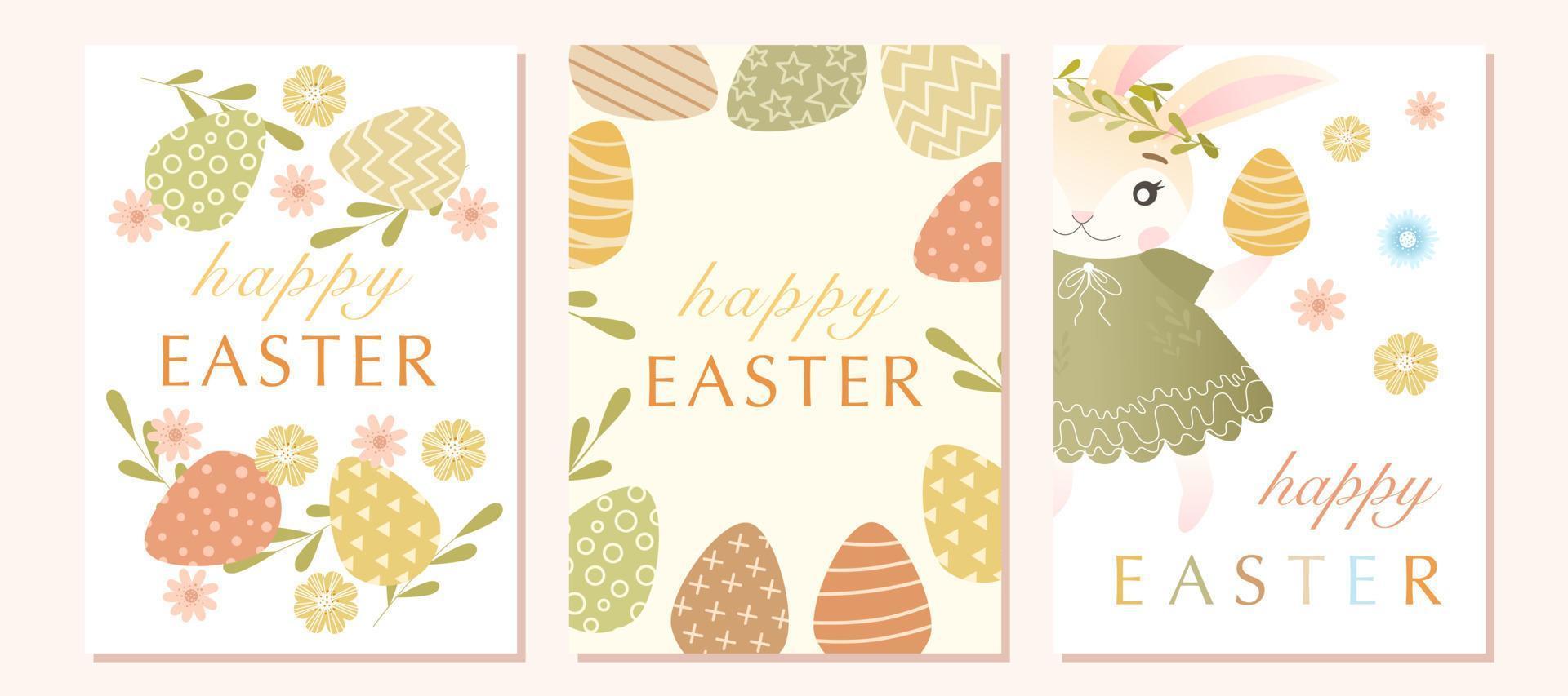 Easter greeting card set with cute bunny character, colored egg, spring flowers, green leaves. Colorful vector templates for social media post, flyer, invitation, poster, postcard, design for children