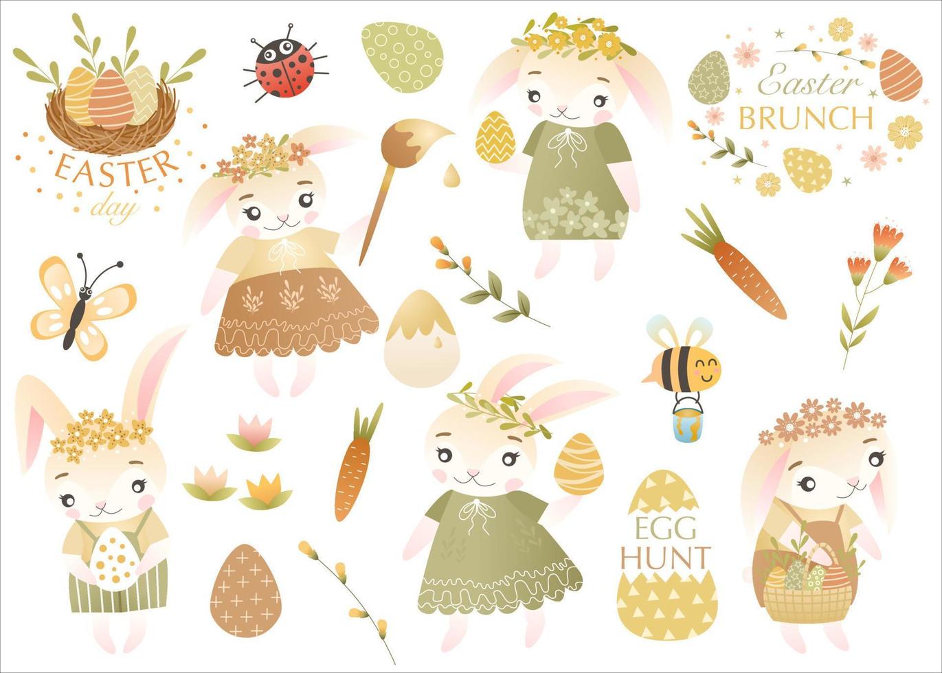 Easter set with cute bunnies, flowers, quotes, carrot, honey bee and easter eggs. Perfect for scrapbooking, sticker kit, tags, greeting cards, party invitations. Hand drawn vector illustration.