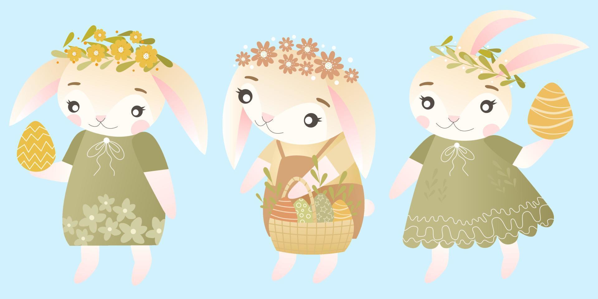 Easter bunnies characters set. Vector illustration of cute bunnies in different poses, dresses and wreaths of spring flowers. Good for Spring and Easter greeting cards, product for children