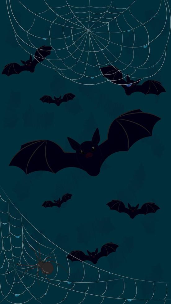 telaraña después lluvia con gotas y negro araña en oscuro verde azulado antecedentes y volador murciélagos vector ilustración