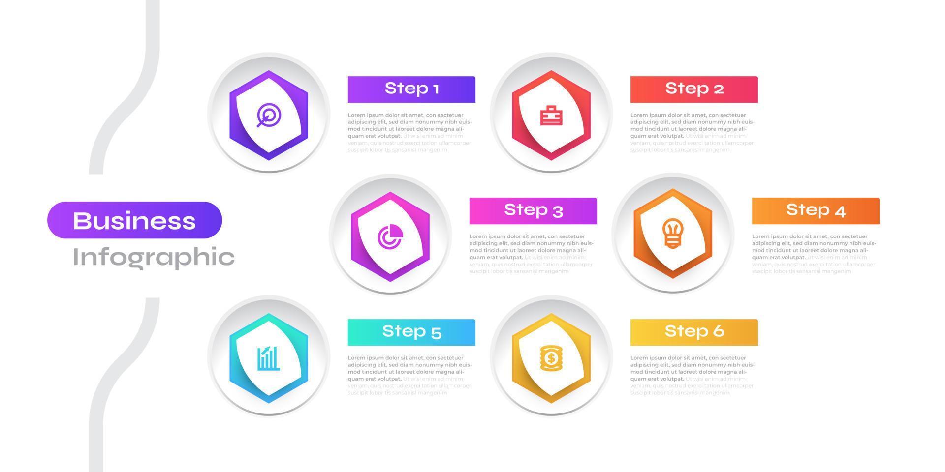Modern Business Infographic Design Template with 6 Options or Processes. Can be used for Presentation, Workflow Layout, Diagram, or Annual Report. Timeline Diagram Presentation Design vector
