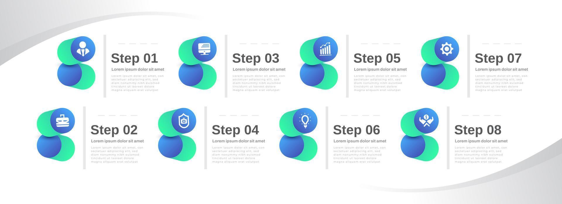 negocio infografía diseño modelo con 8 opciones o pasos. lata ser usado para presentación, flujo de trabajo disposición, diagrama, o anual reporte vector