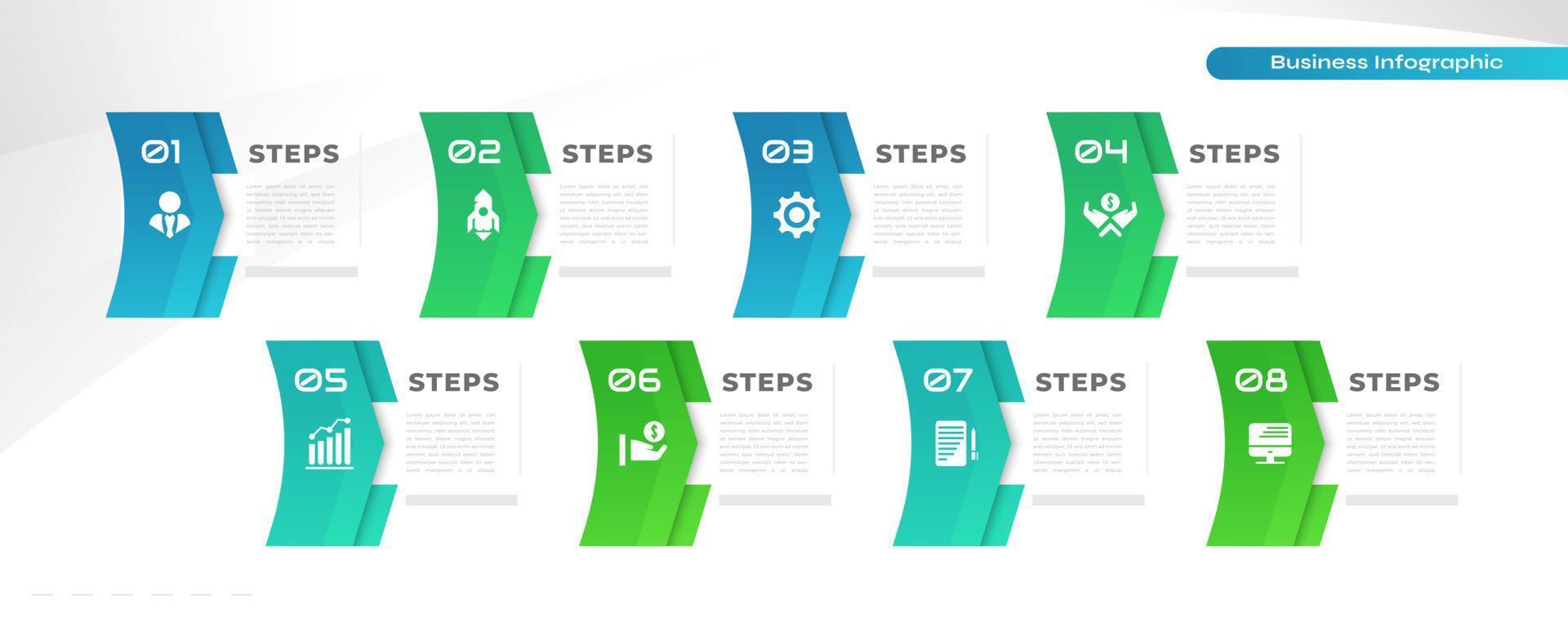 negocio infografía diseño modelo con 8 opciones o pasos. lata ser usado para presentación, flujo de trabajo disposición, diagrama, o anual reporte vector