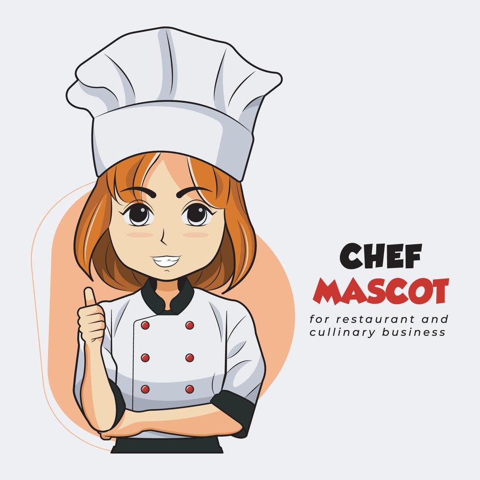 mascota logo diseño. cocinero mujer sonrisa y hacer pulgares arriba bueno vector ilustración Pro descargar