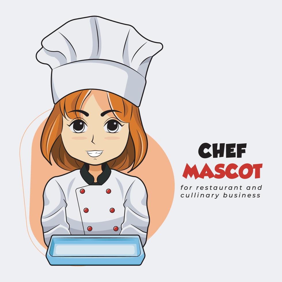 mascota logo diseño. cocinero mujer participación vacío azul plato vector ilustración gratis descargar