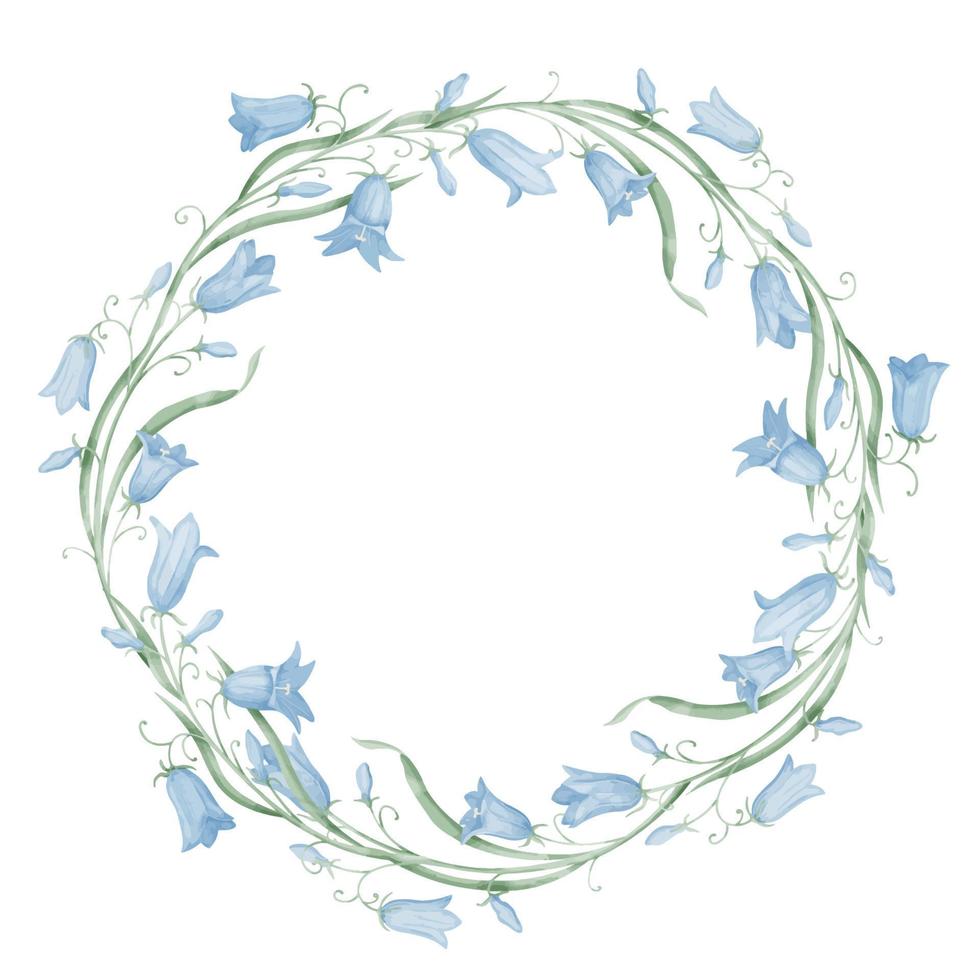 Floral Wreath of Bell Flowers. Hand drawn watercolor round Frame with Bluebells on isolated background. Botanical circular backdrop with wild bellflowers in pastel colors for wedding invitations vector