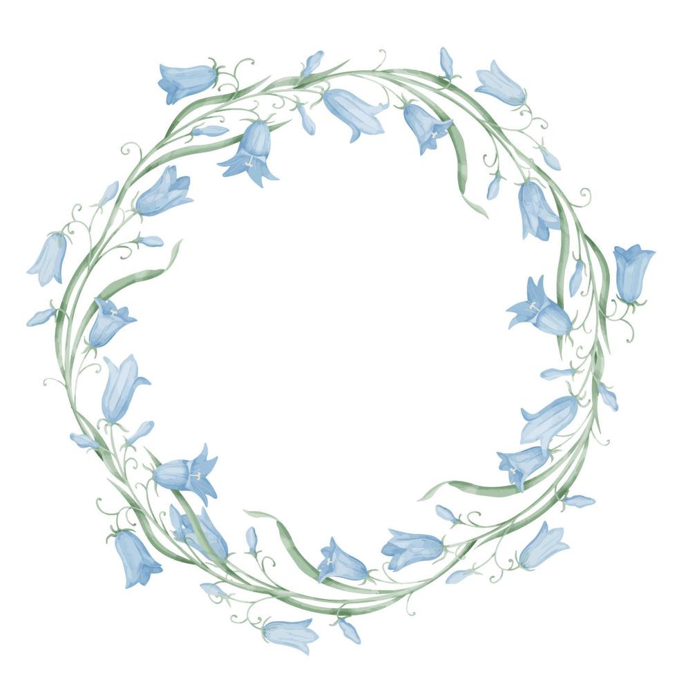 Floral Wreath of Bell Flowers. Hand drawn watercolor round Frame with Bluebells on isolated background. Botanical circular backdrop with wild bellflowers in pastel colors for wedding invitations vector