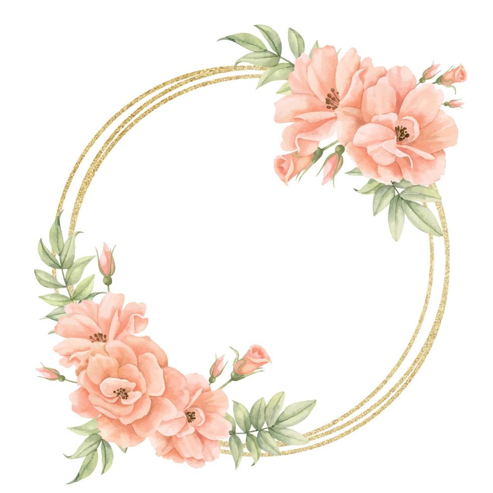 Floral watercolor Wrath with pink Rose Flowers and golden circular Frame. Hand drawn Template for greeting cards or wedding invitations on isolated background. Round botanical vintage border vector