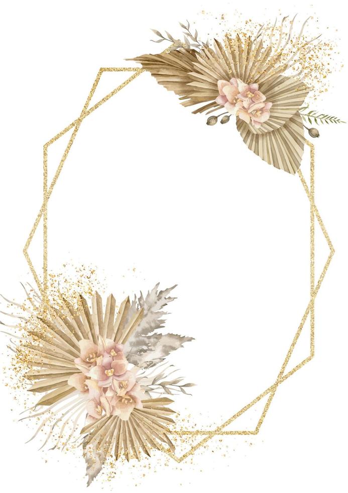 acuarela floral marco en boho estilo con exótico tropical palma hojas y orquídea flores mano dibujado modelo con dorado textura para saludo tarjeta o invitación. ilustración de aislado seco plantas vector