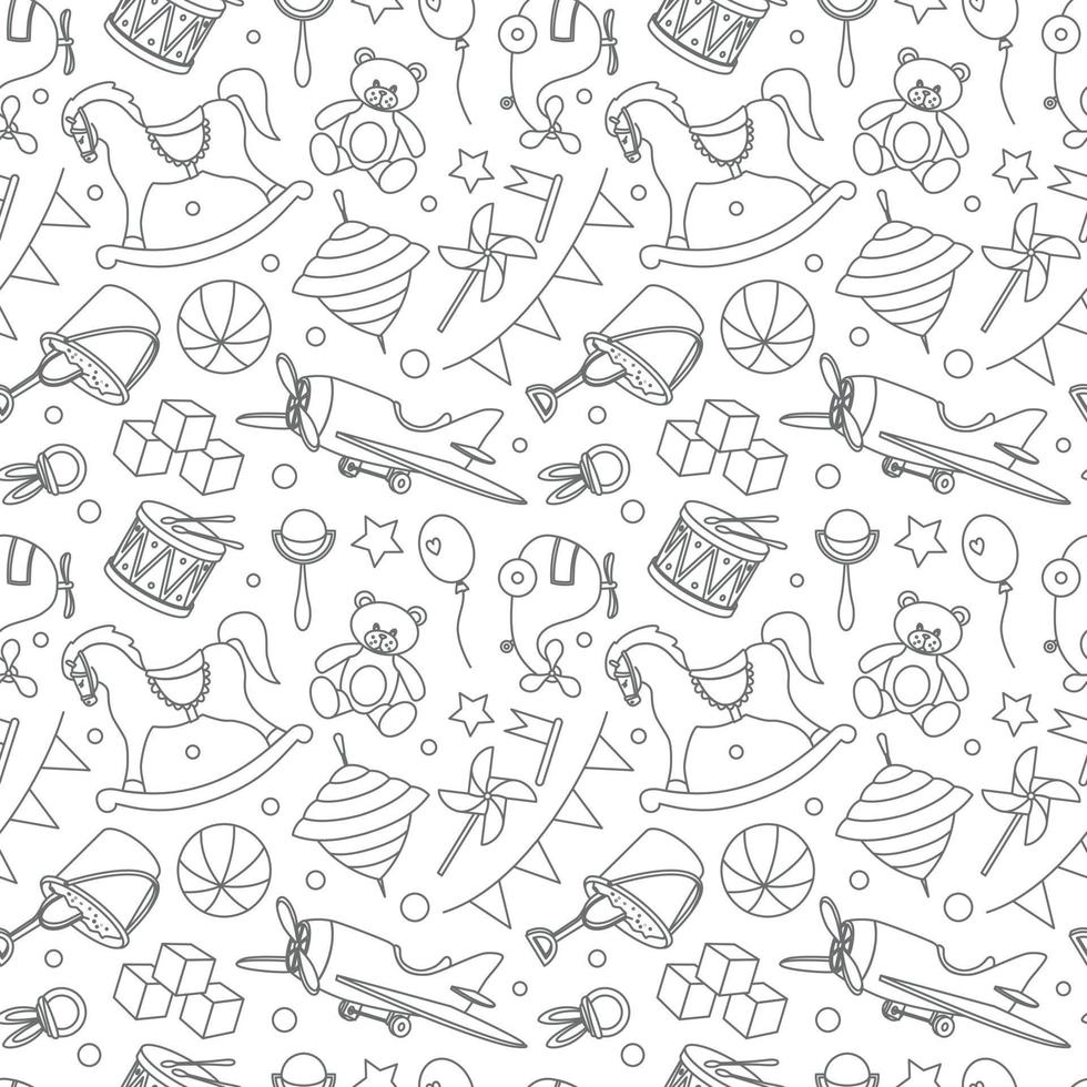 Baby Toys seamless Pattern on isolated background in monochrome black and white colors. Hand drawn outline backdrop with rocking horse and teddy bear for Newborn shower party or childish textile. vector