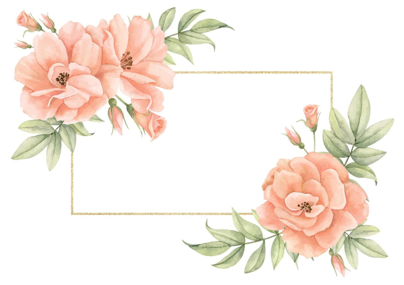 Watercolor Frame with Rose Flowers and golden line. Hand drawn Floral Template for greeting cards or wedding invitations in beige and pink colors. Rectangular vintage border on isolated background vector