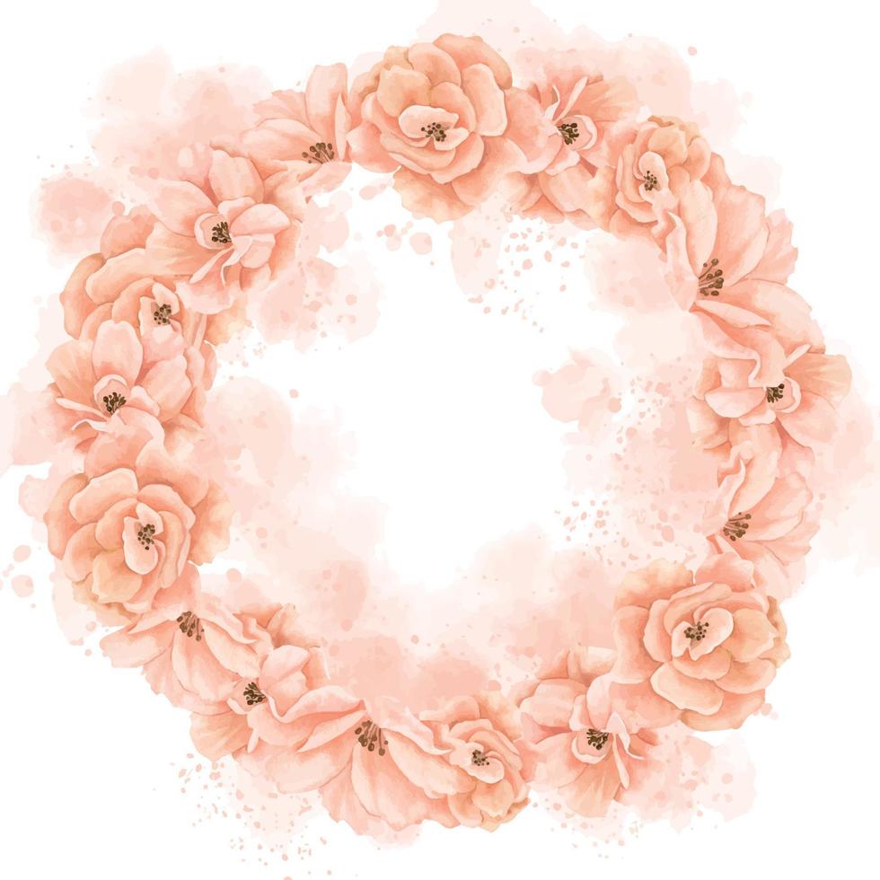 Floral Wreath with pink Roses and watercolor splashes. Hand drawn circle frame on isolated background for greeting cards or wedding invitations. Flowers in beige pastel colors. Botanical backdrop vector